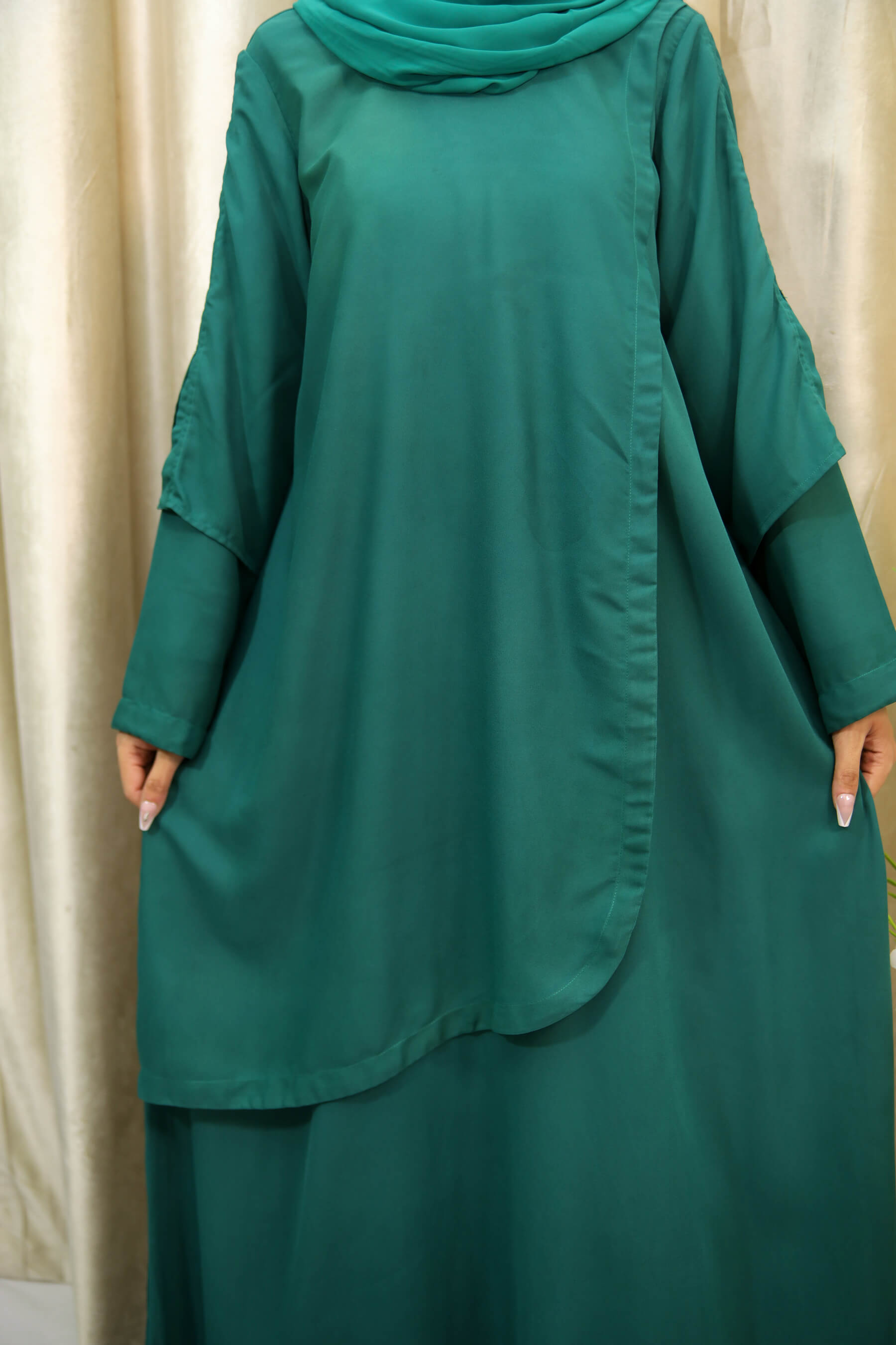 Amina - Green Maxi Dress – Stylish Layered Abaya for Modest Wear UK