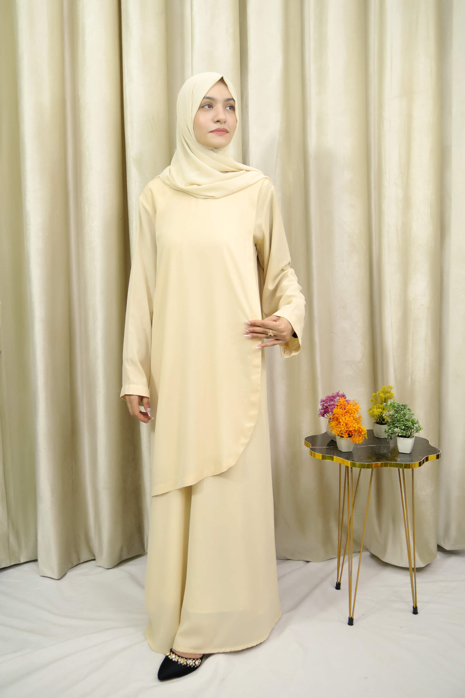 Amina - Elegant Cream Georgette Abaya Dress for Women - Modest Fashion