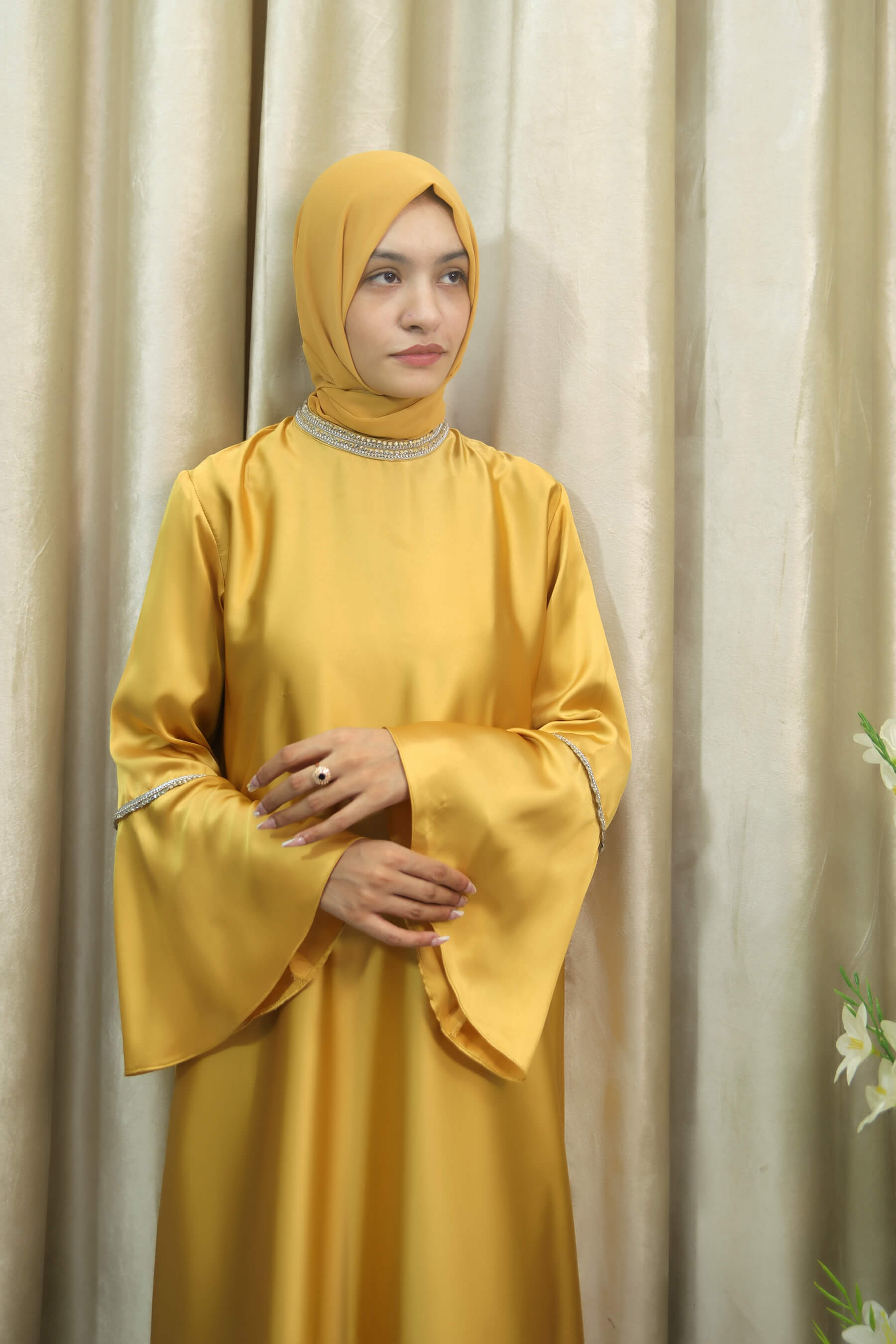 ZamZam - Golden Satin Abaya with Lace Trim on Neck & Sleeves – Modest Dress for Women