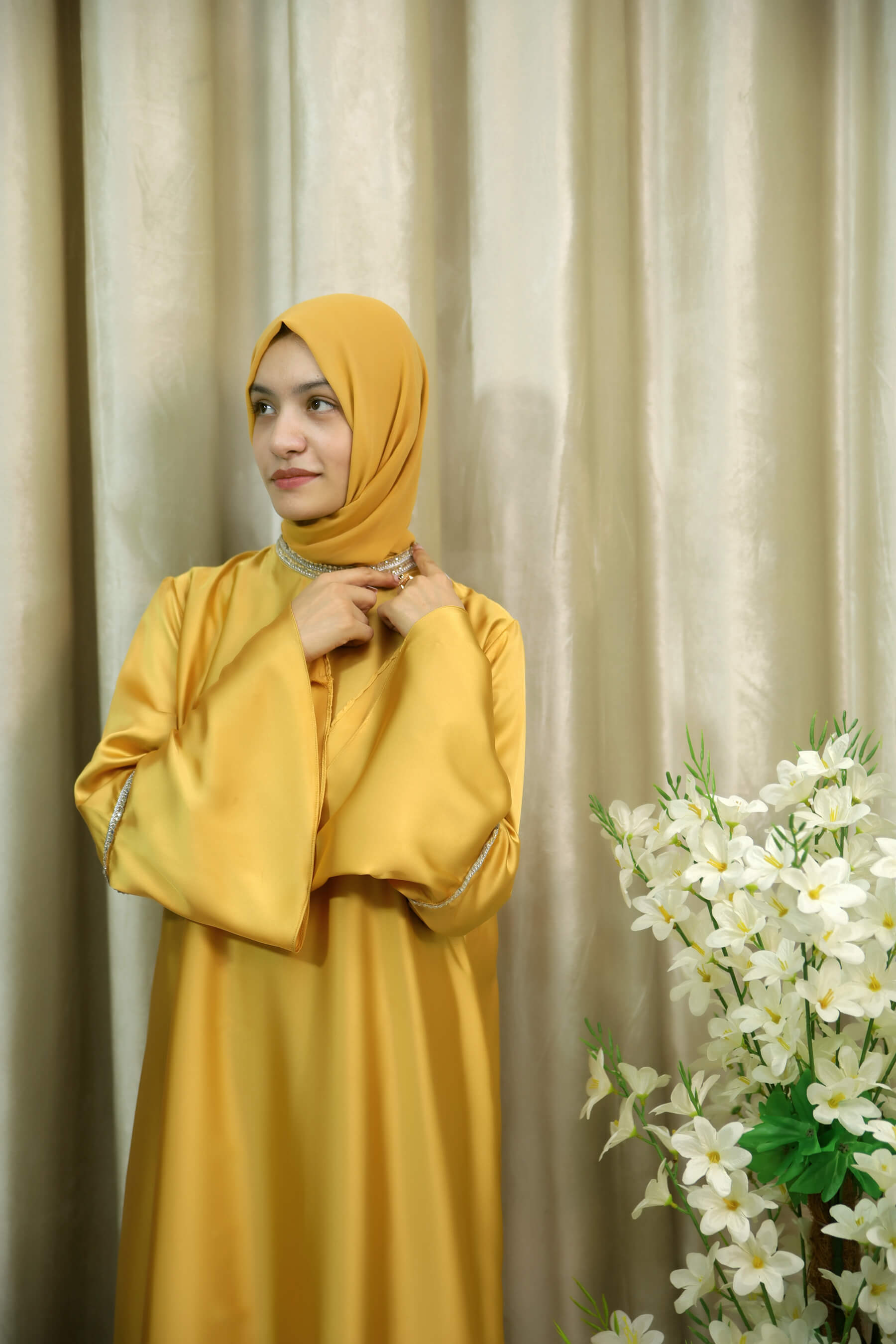 ZamZam - Golden Satin Abaya with Lace Trim on Neck & Sleeves – Modest Dress for Women