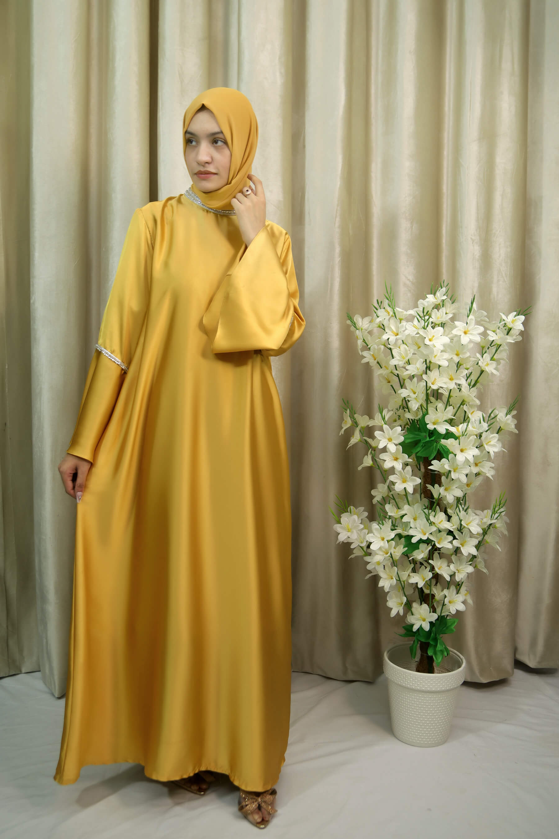 ZamZam - Golden Satin Abaya with Lace Trim on Neck & Sleeves – Modest Dress for Women