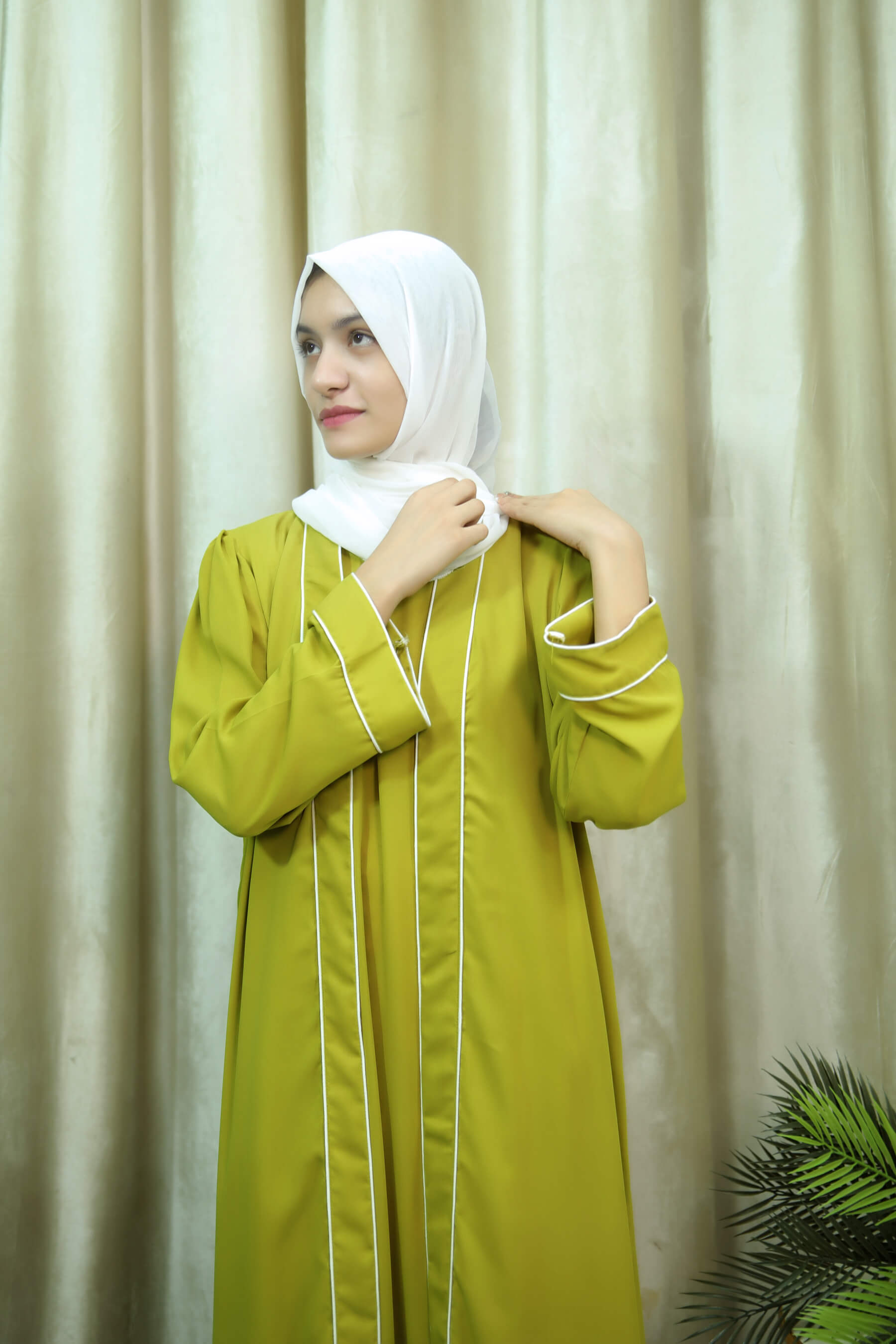 Hajarah - Elegant Green Open Abaya with White Piping – Modest Long Dress for Women