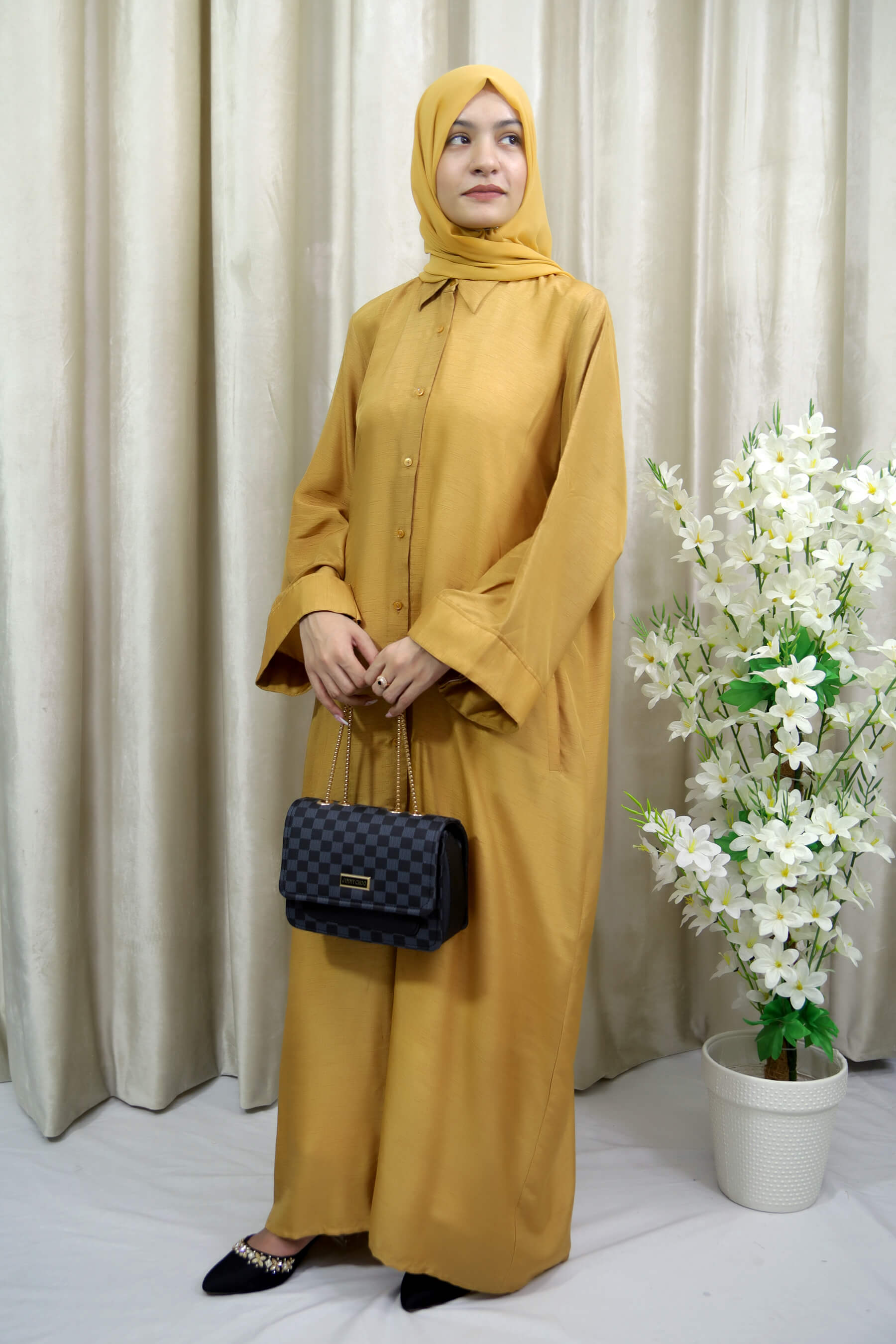 Shehnaz - Stylish Mustard Open Abaya with Side Pockets for Women
