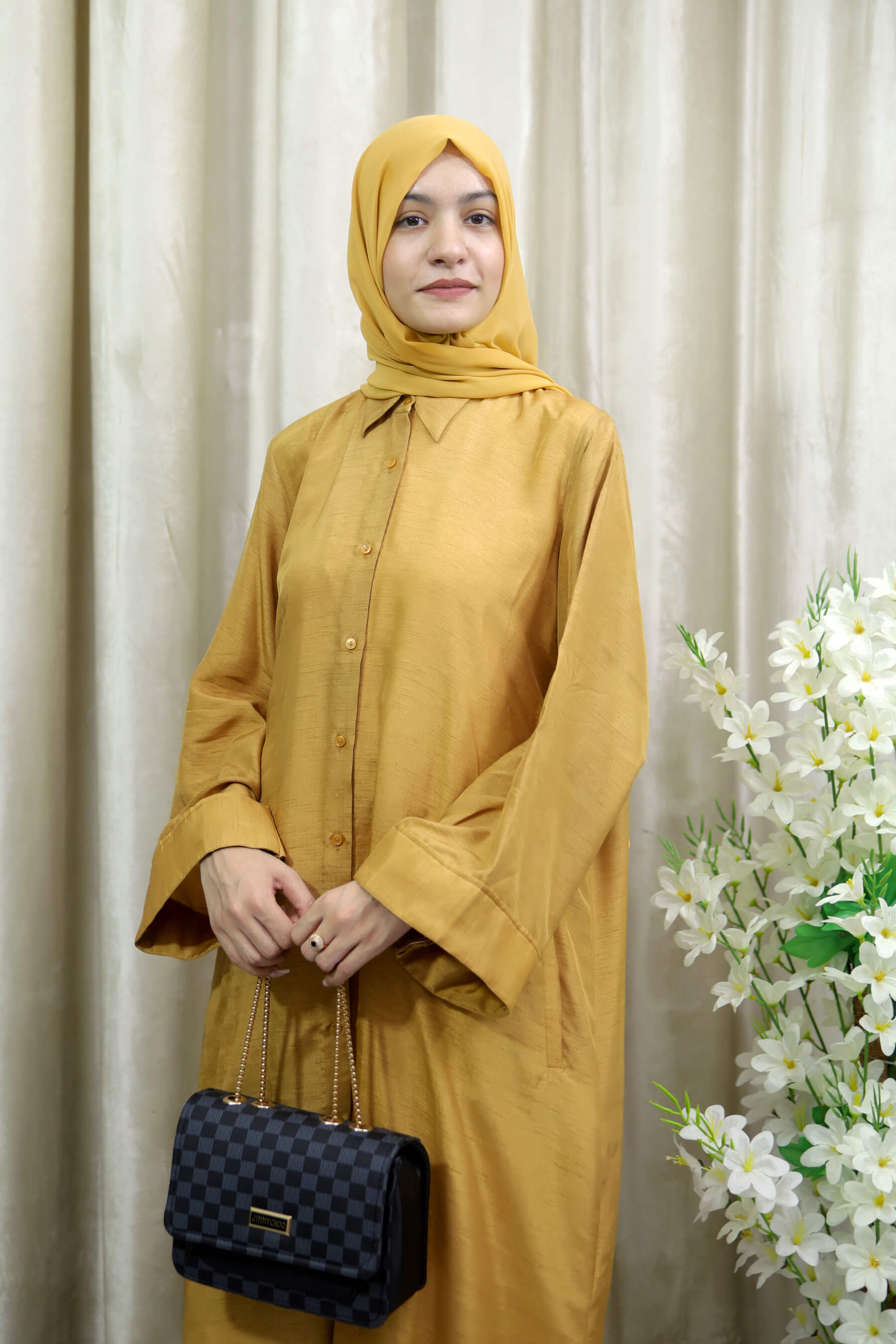 Shehnaz - Stylish Mustard Open Abaya with Side Pockets for Women