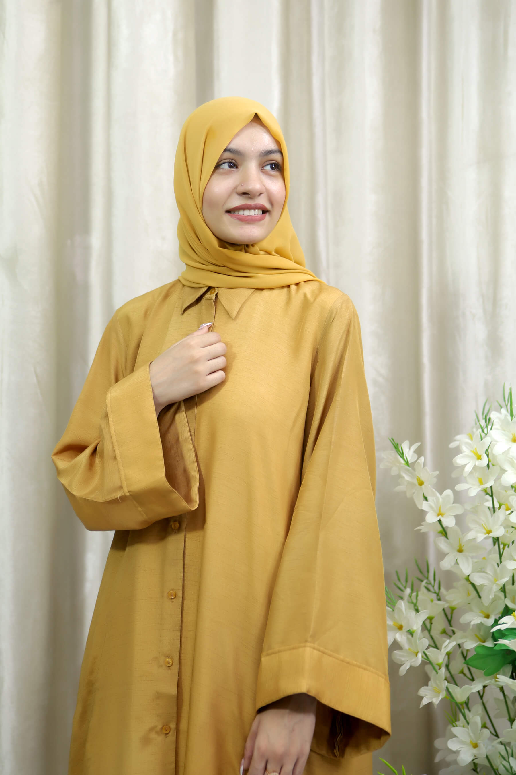 Shehnaz - Stylish Mustard Open Abaya with Side Pockets for Women