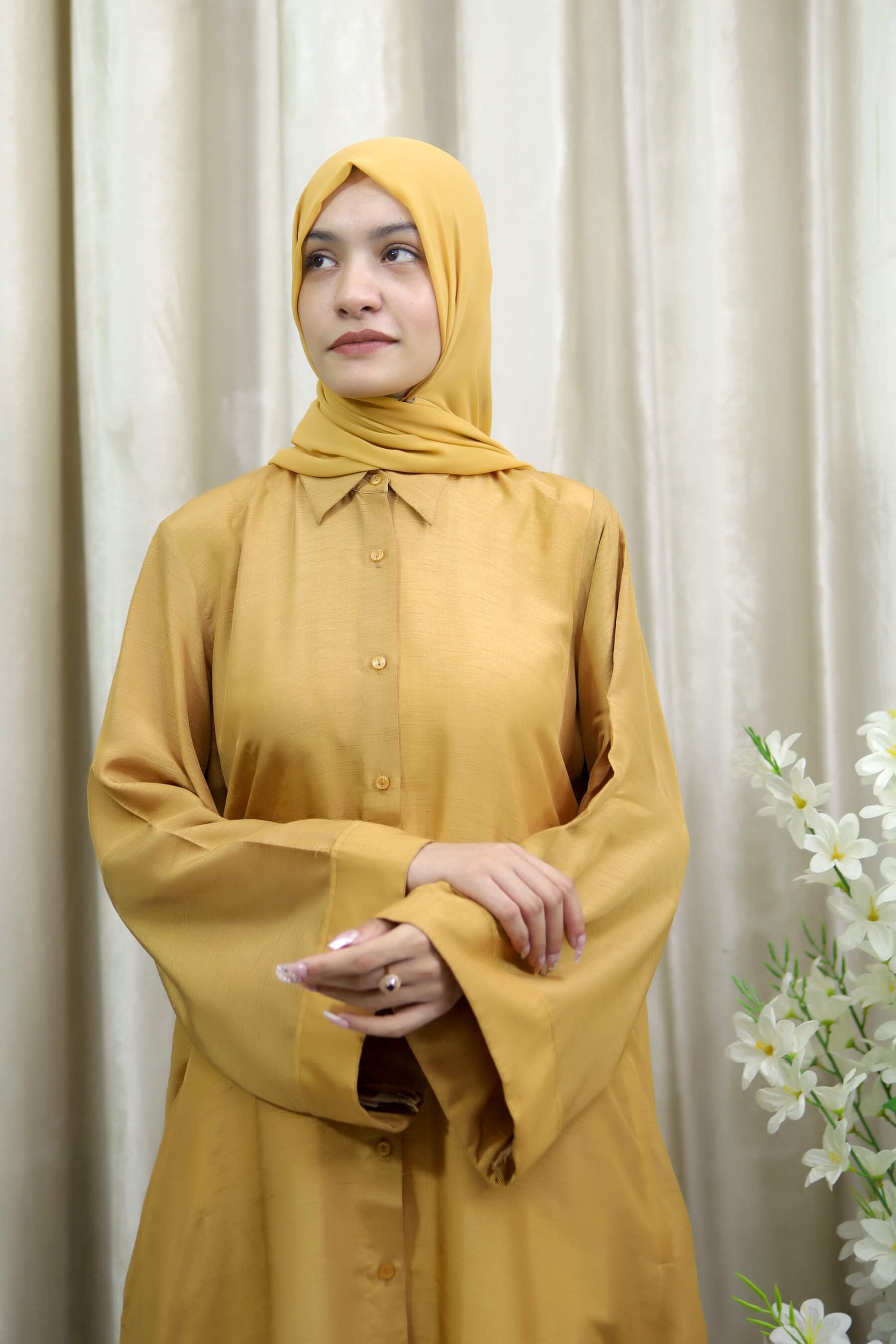 Shehnaz - Stylish Mustard Open Abaya with Side Pockets for Women