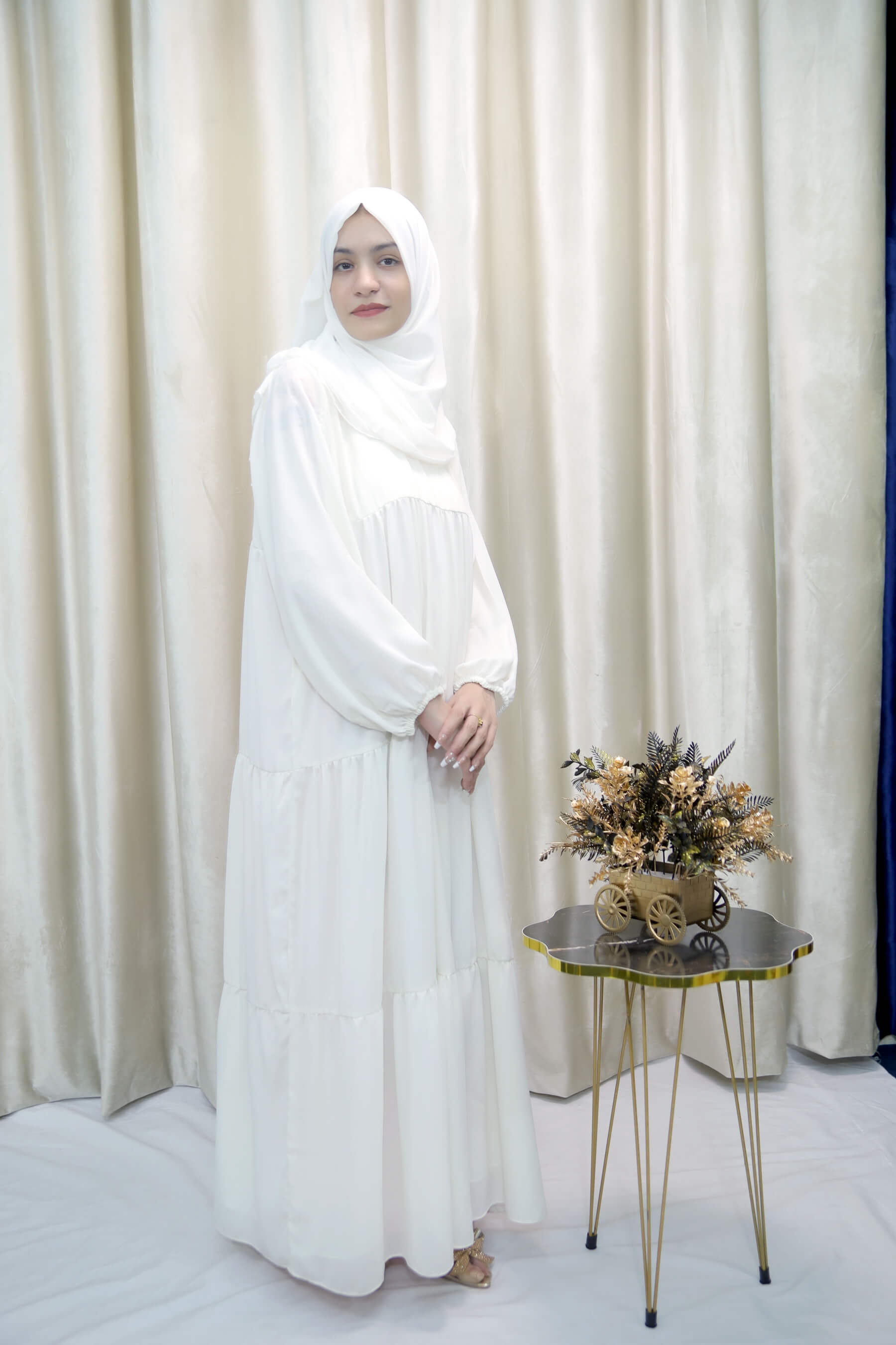 Nadrah - Elegant White Tiered Abaya Dress – Modest Georgette Maxi for Women in UK