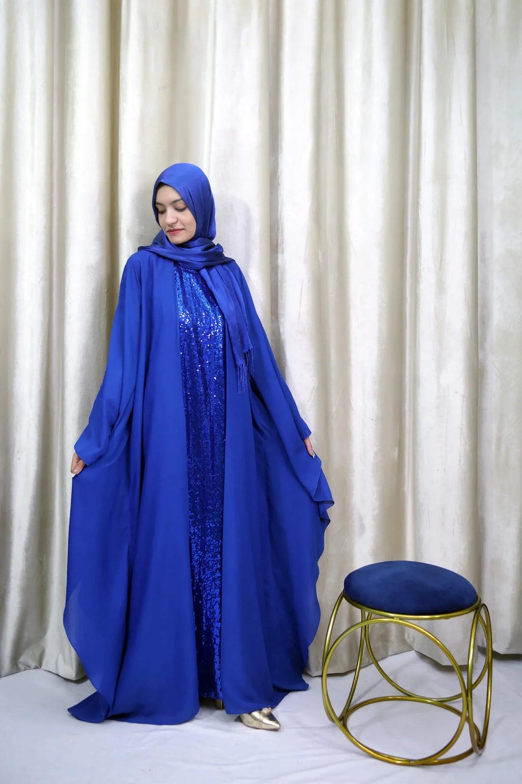 Elegant occasion abaya in satin with hand-stitched embroidery, Ayda Sumayah UK