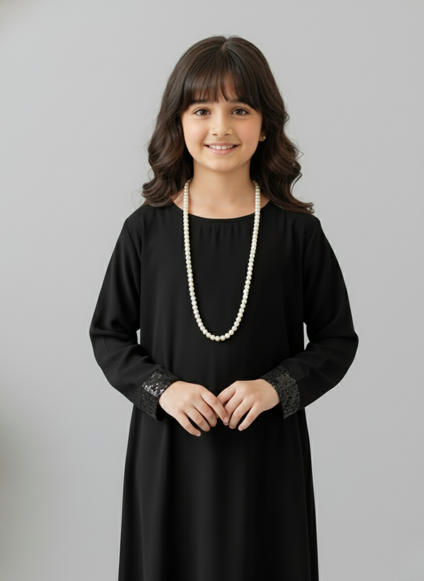 Luxury Black Children’s Abaya with Shimmer Cuffs