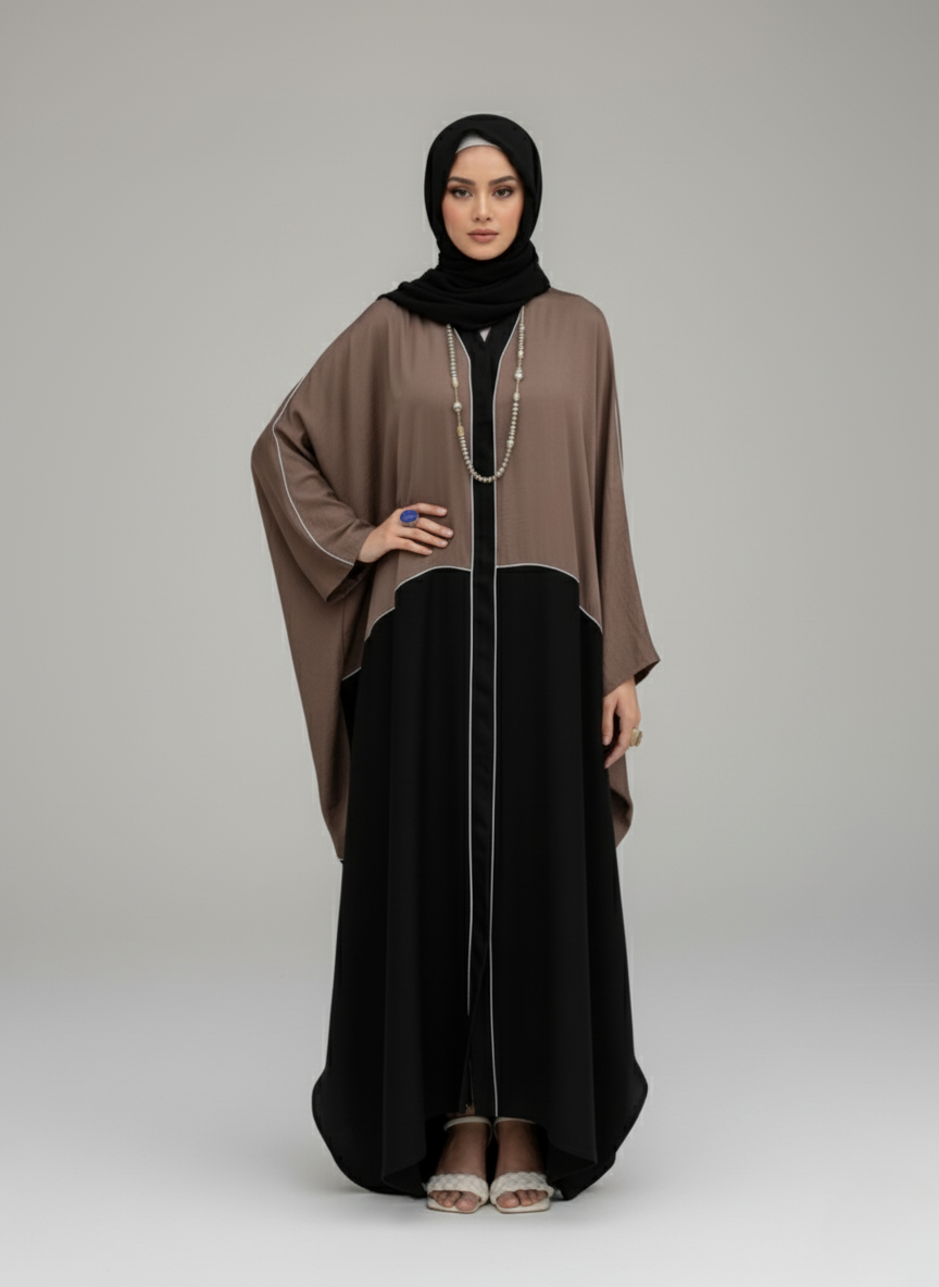 Brown Kaftan Abaya – Contrast Piping Design in Nidha Fabric