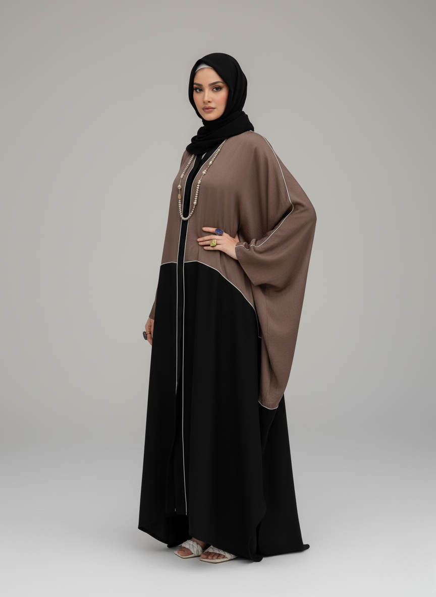 Brown Kaftan Abaya – Contrast Piping Design in Nidha Fabric