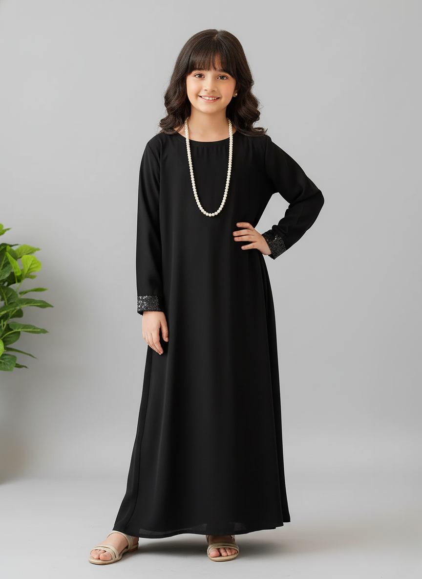 Luxury Black Children’s Abaya with Shimmer Cuffs