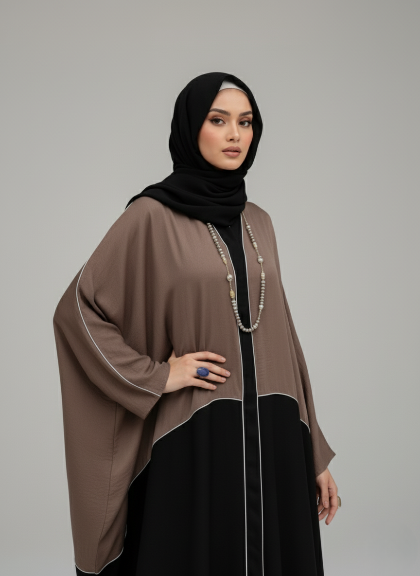Brown Kaftan Abaya – Contrast Piping Design in Nidha Fabric