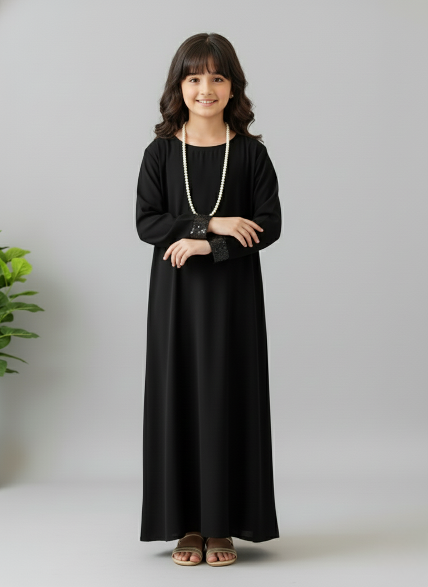 Luxury Black Children’s Abaya with Shimmer Cuffs