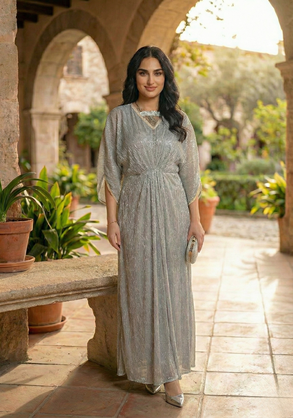 Embellished Maxi Dress – Luxury grey Kaftan-Style for Weddings Wear