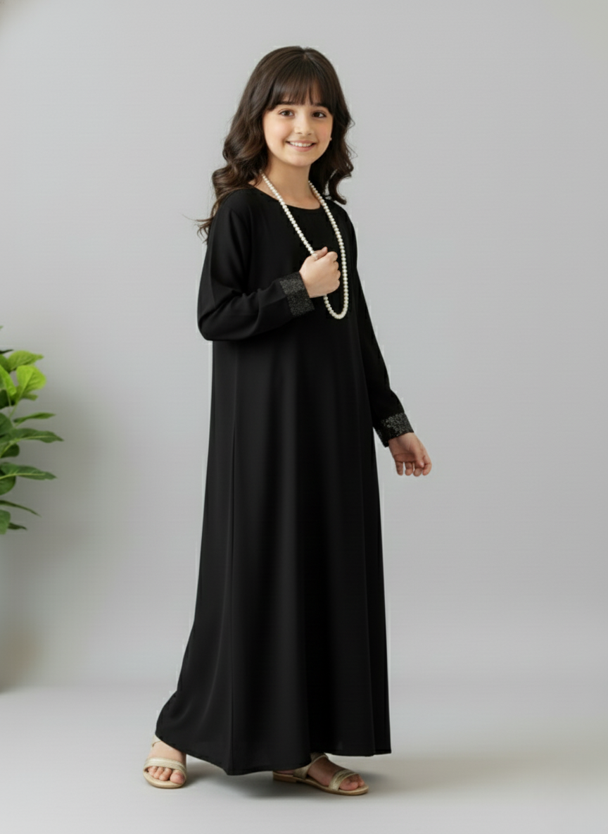 Luxury Black Children’s Abaya with Shimmer Cuffs