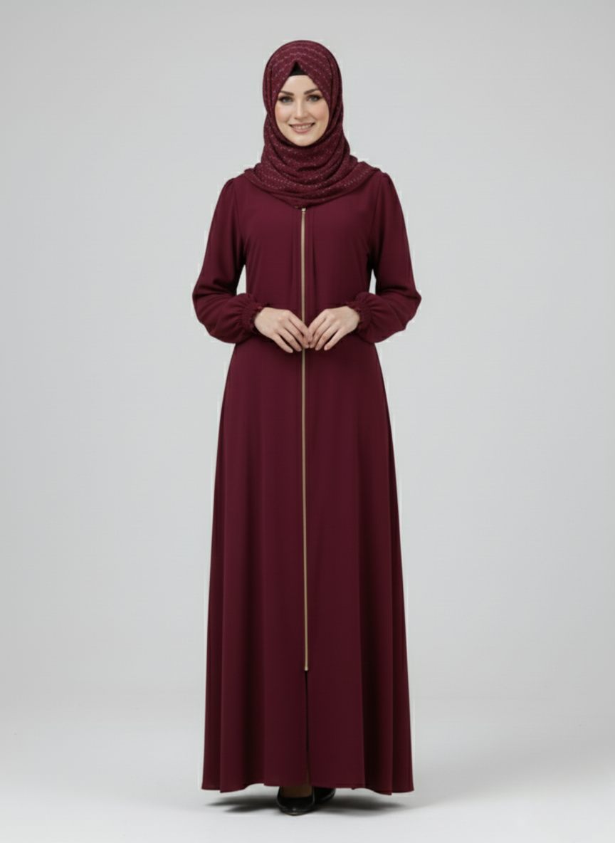 Maroon Open Abaya – Front Zip Design by Aydasumayah