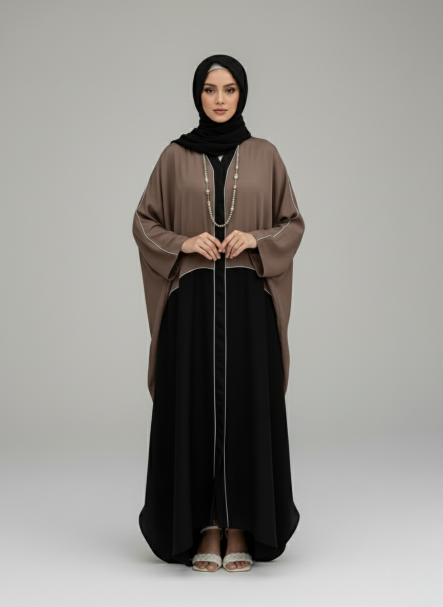 Brown Kaftan Abaya – Contrast Piping Design in Nidha Fabric