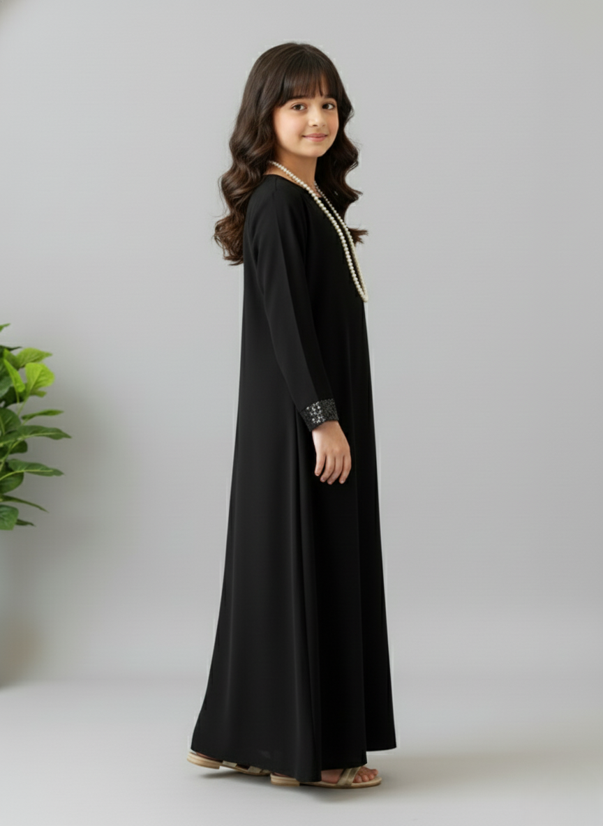 Luxury Black Children’s Abaya with Shimmer Cuffs