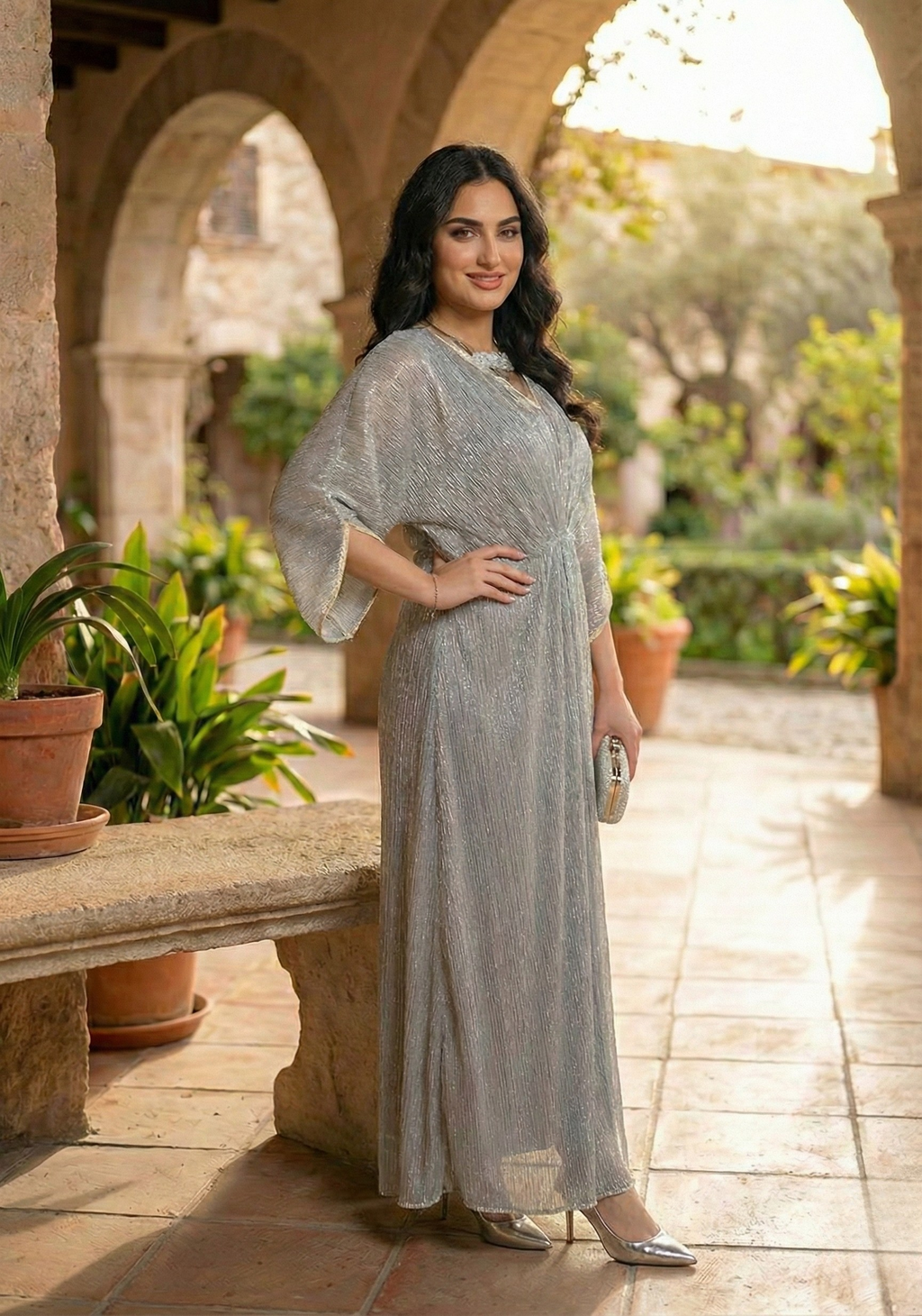 Embellished Maxi Dress – Luxury grey Kaftan-Style for Weddings Wear