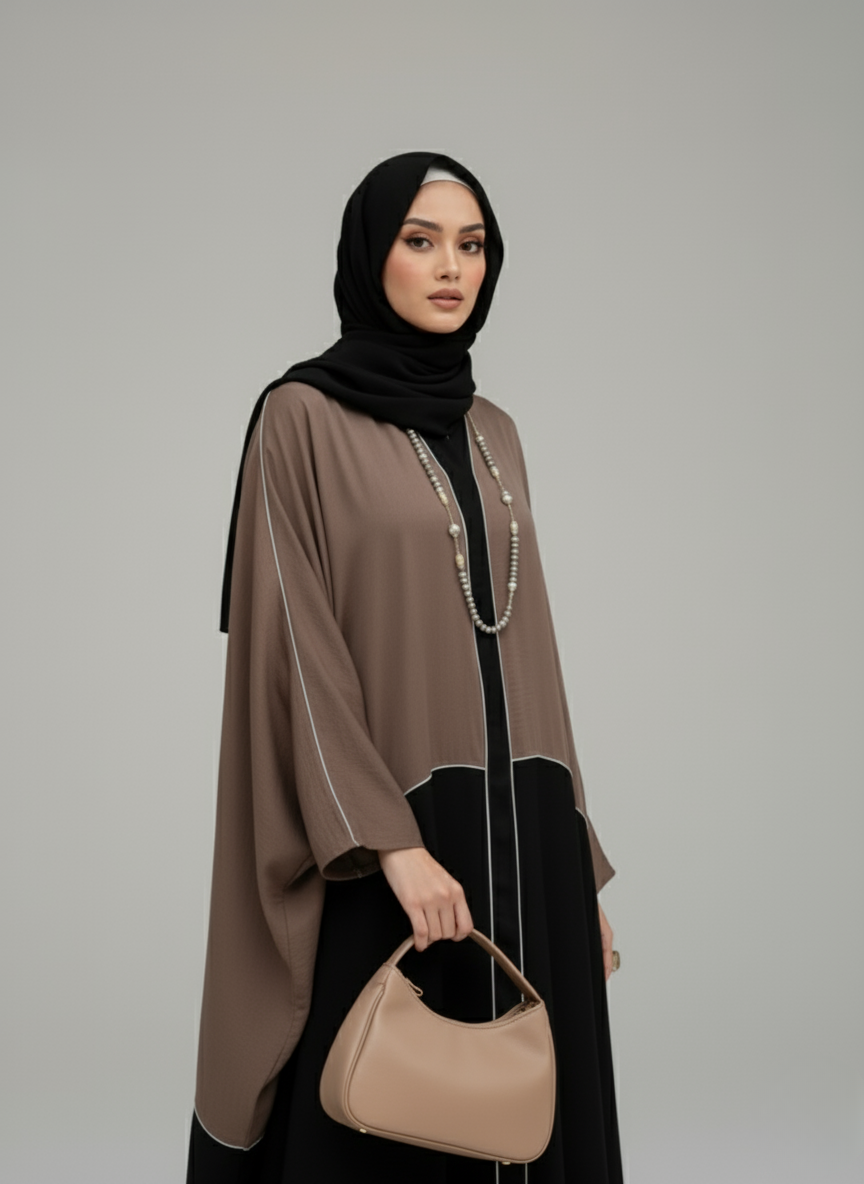 Brown Kaftan Abaya – Contrast Piping Design in Nidha Fabric