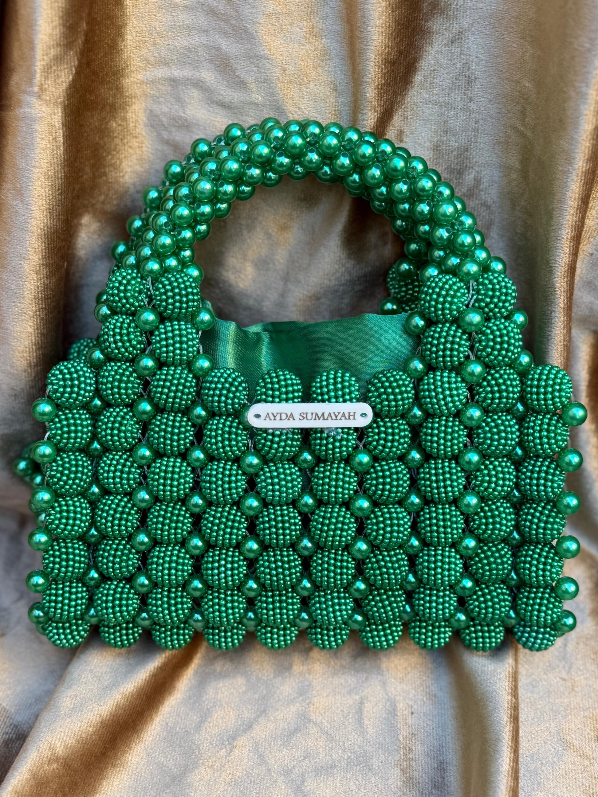 Luxury Emerald Green Pearl Beaded Top Handle Handbag