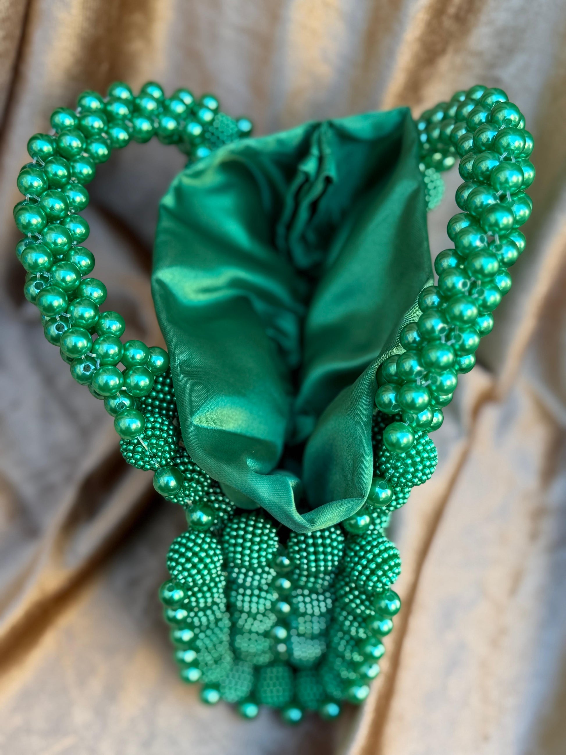 Luxury Emerald Green Pearl Beaded Top Handle Handbag