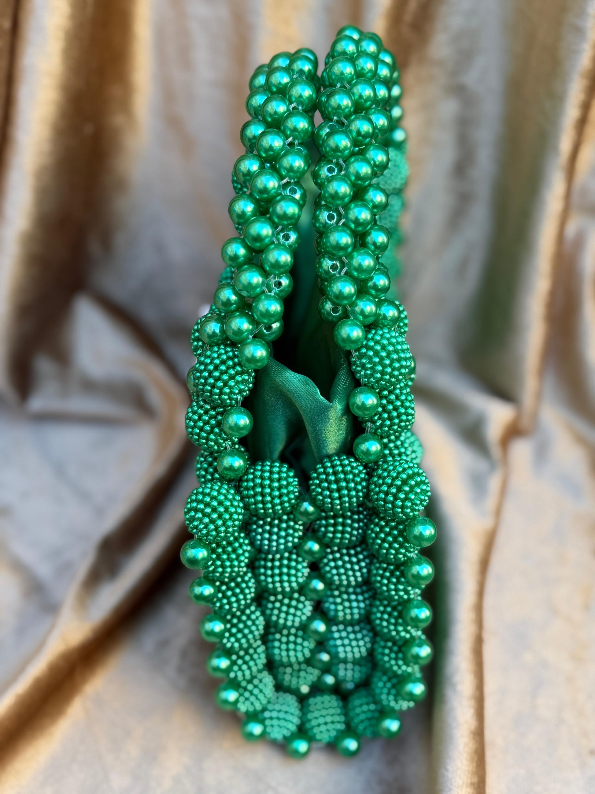 Luxury Emerald Green Pearl Beaded Top Handle Handbag