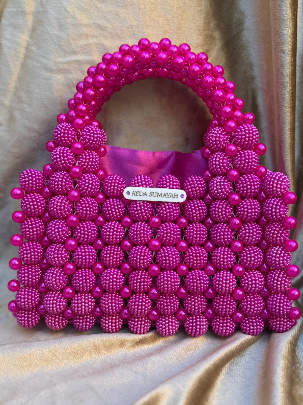 Handmade Magenta Pink Pearl Beaded Clutch Bag with Satin Pouch