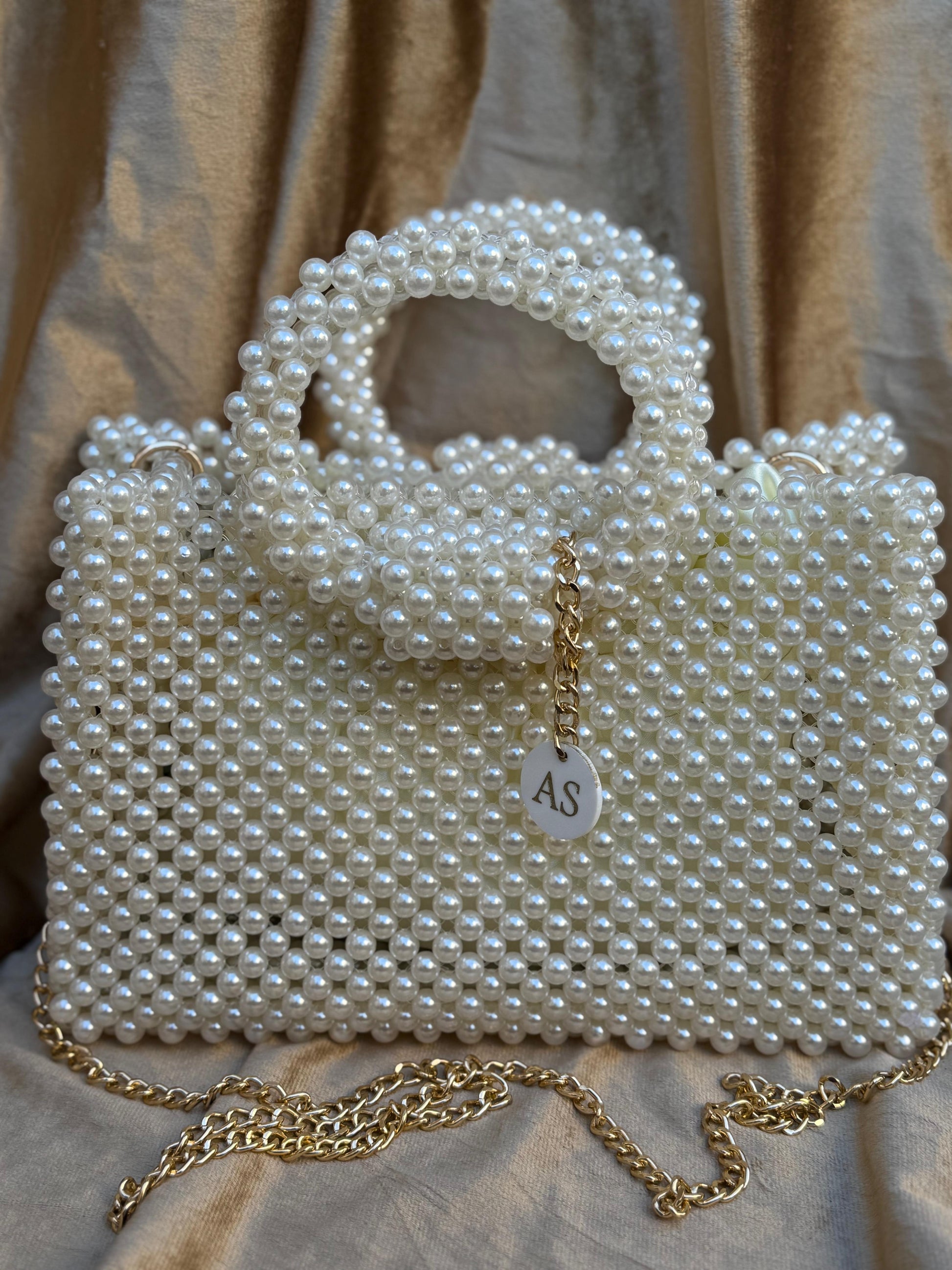 Ivory Pearl Beaded Shoulder Bag with Gold Chain Strap