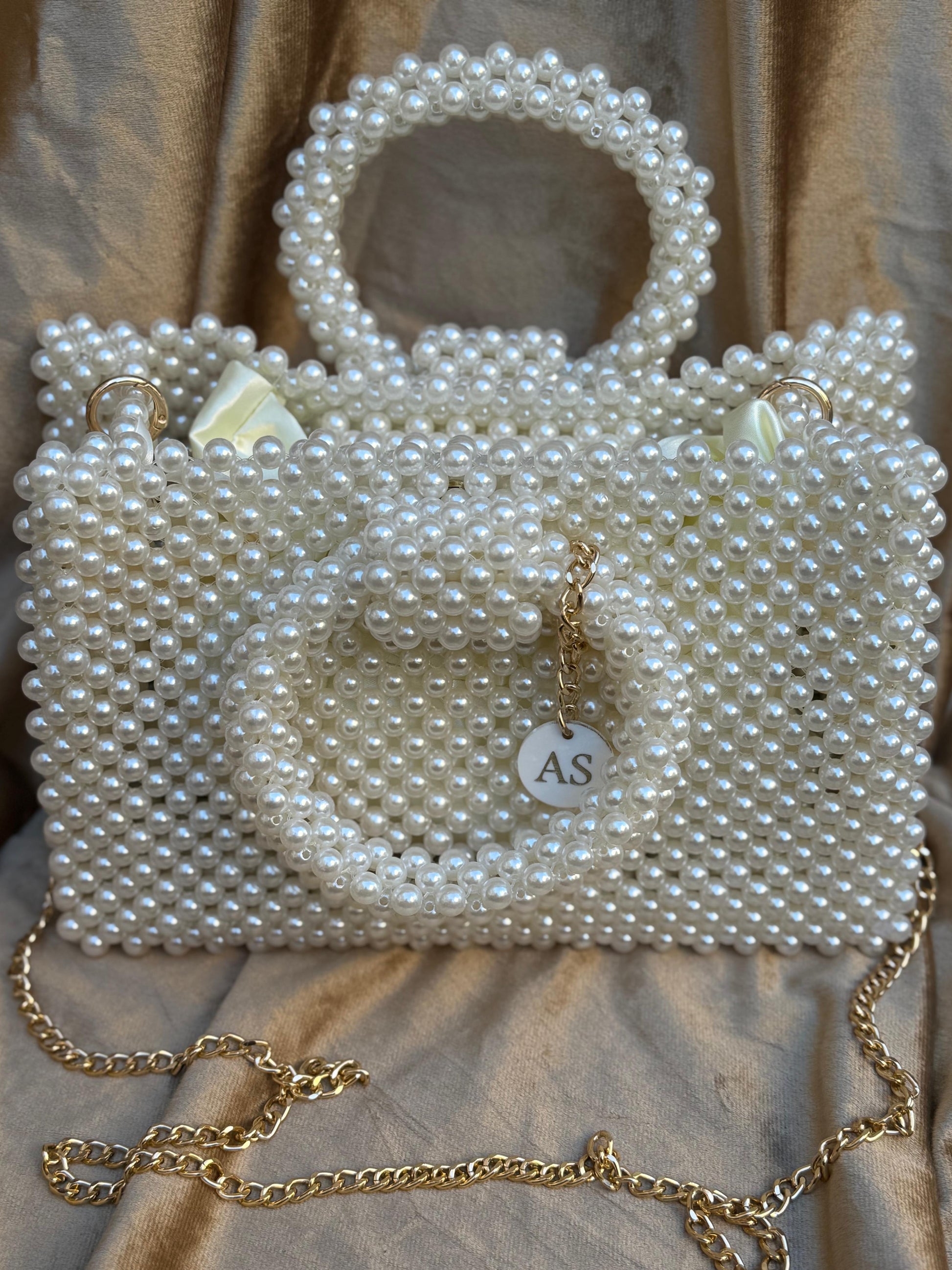 Ivory Pearl Beaded Shoulder Bag with Gold Chain Strap