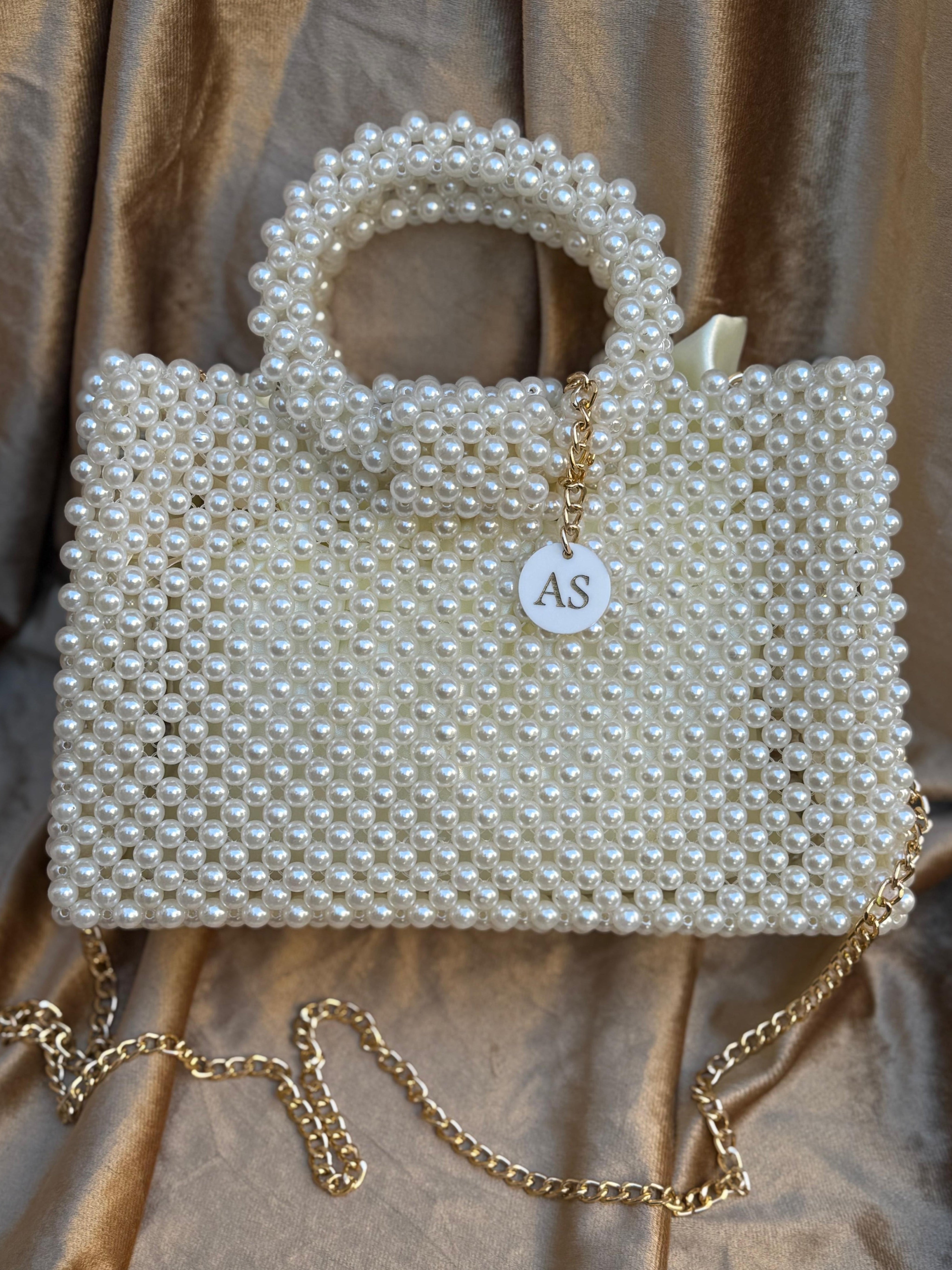 Ivory Pearl Beaded Shoulder Bag with Gold Chain Strap