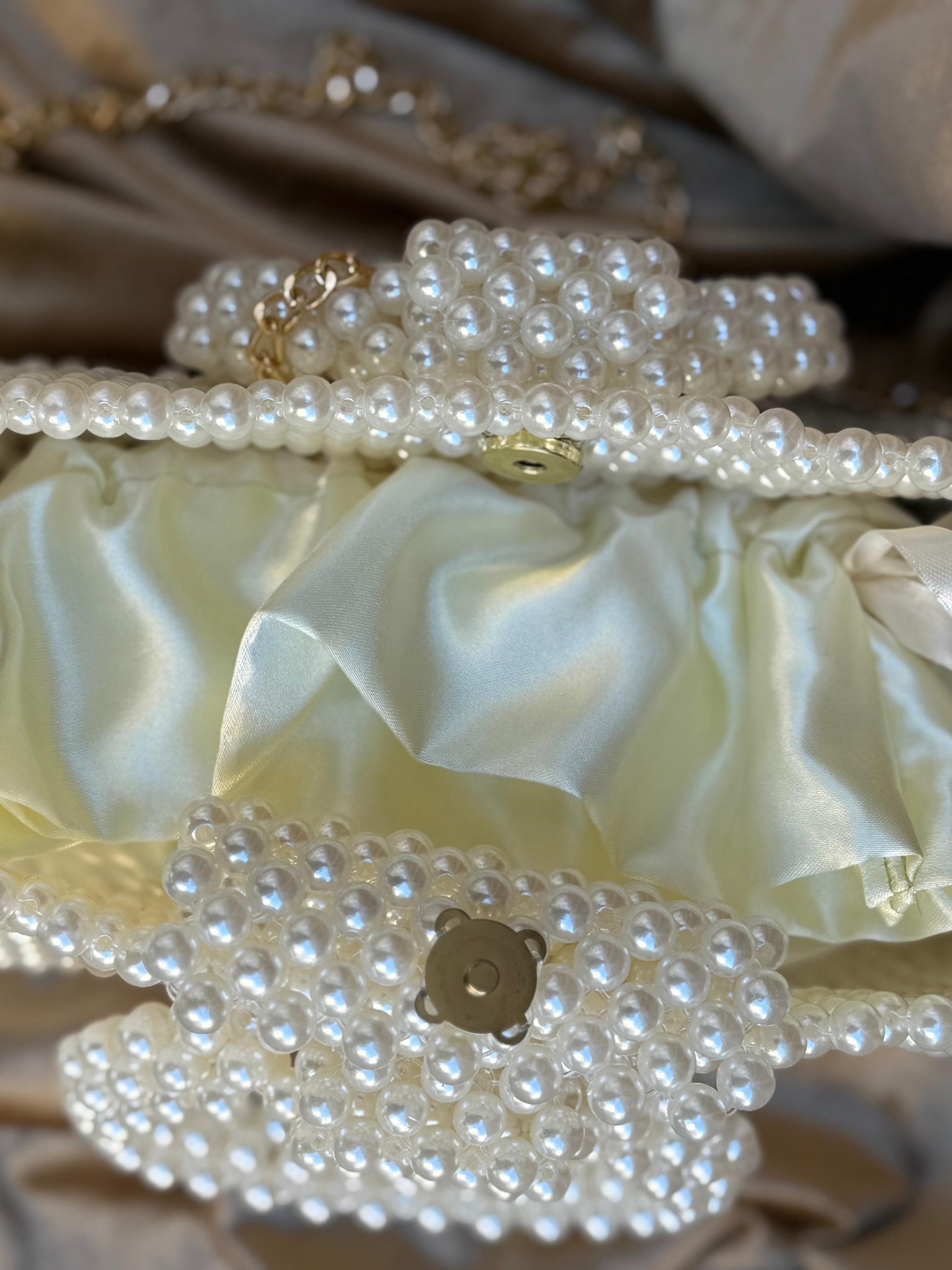Ivory Pearl Beaded Shoulder Bag with Gold Chain Strap