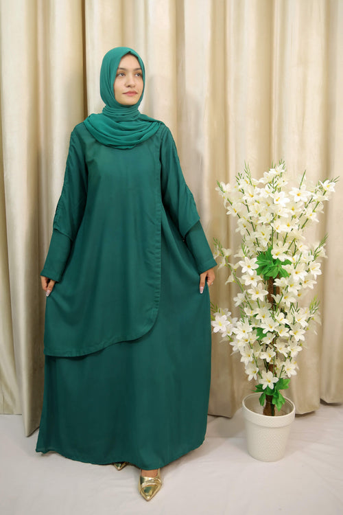 Amina - Green Maxi Dress – Stylish Layered Abaya for Modest Wear UK