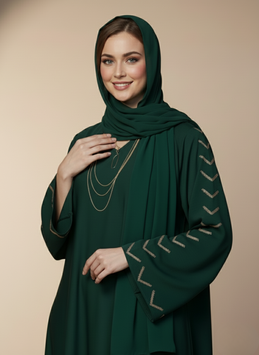 Luxury Green Abaya Crafted from Soft Nidha Fabric for Timeless Grace