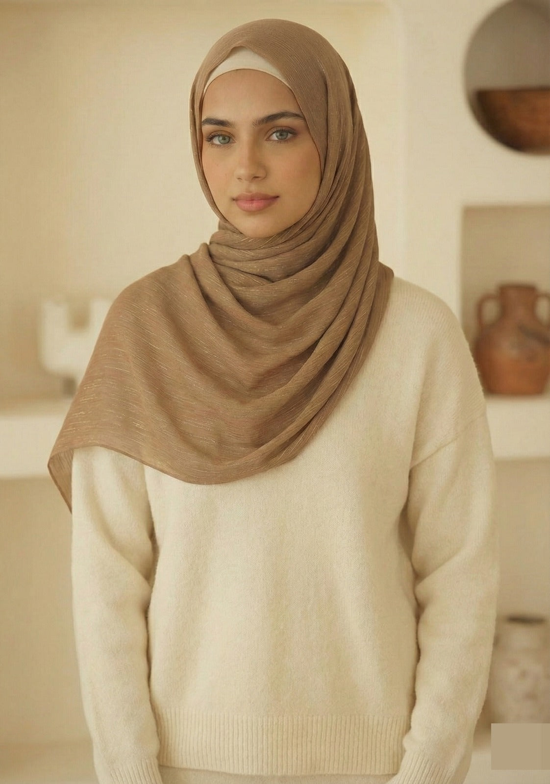 Sandy Brown Shimmer Chiffon Hijab - Lightweight Elegant Chiffon Scarf