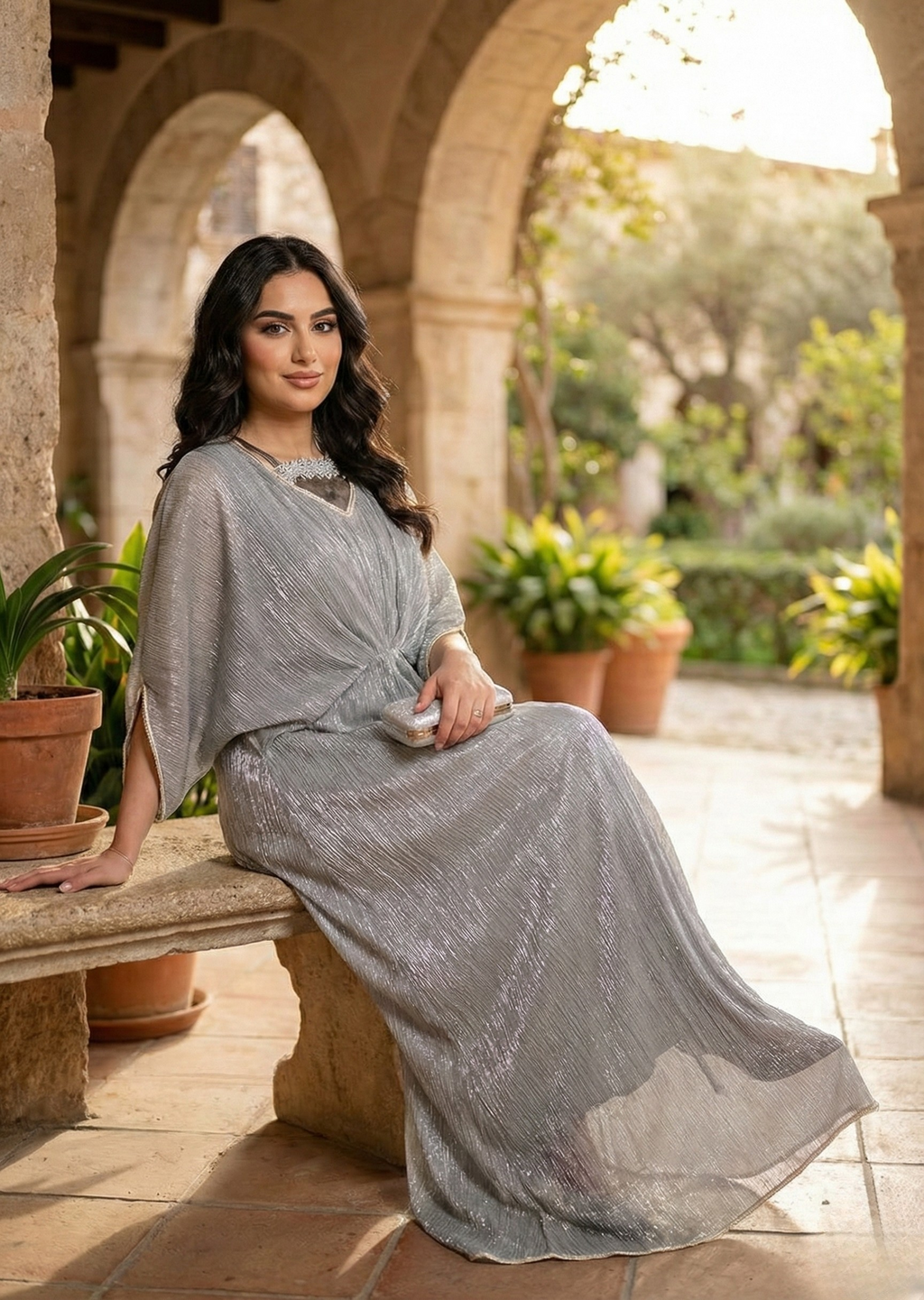 Embellished Maxi Dress – Luxury grey Kaftan-Style for Weddings Wear