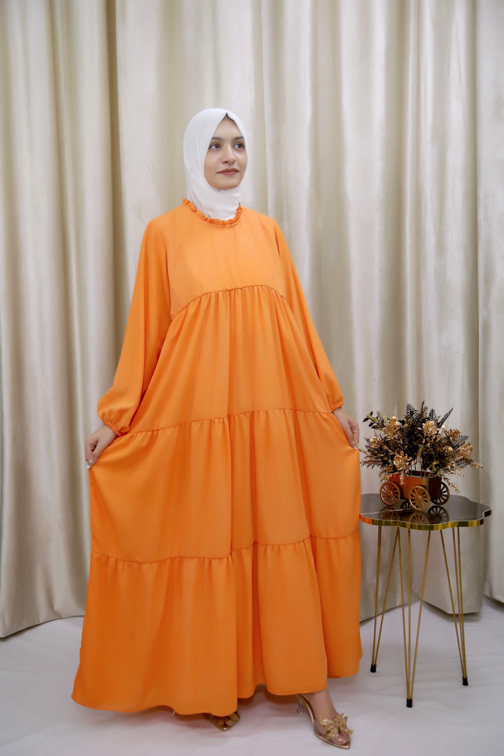 Bold & Beautiful Tiered Orange Abaya – Modest Maxi Dress for Women in UK