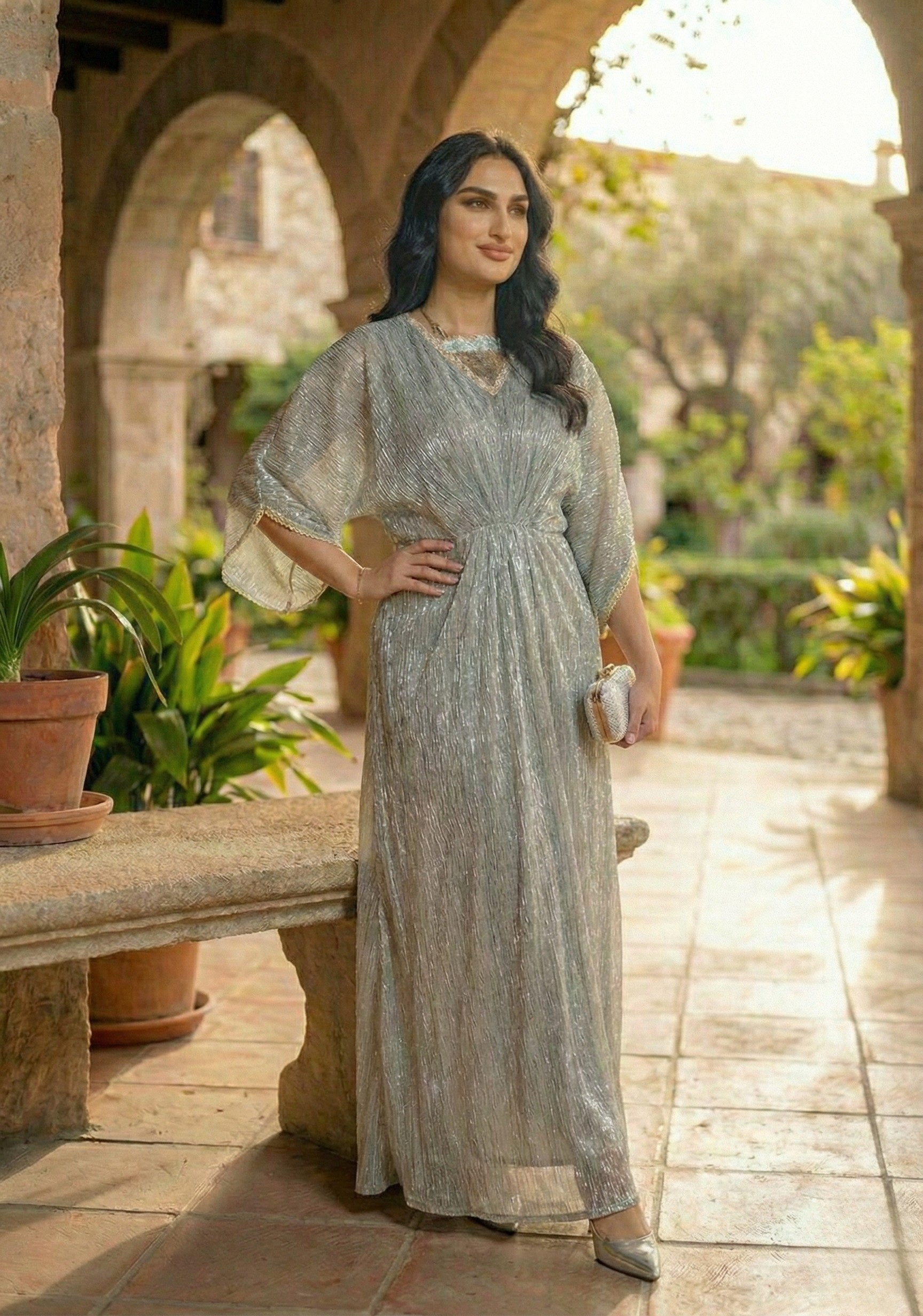 Embellished Maxi Dress – Luxury grey Kaftan-Style for Weddings Wear
