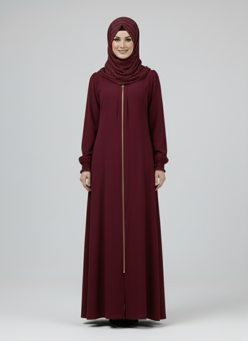 Maroon Open Abaya – Front Zip Design by Aydasumayah