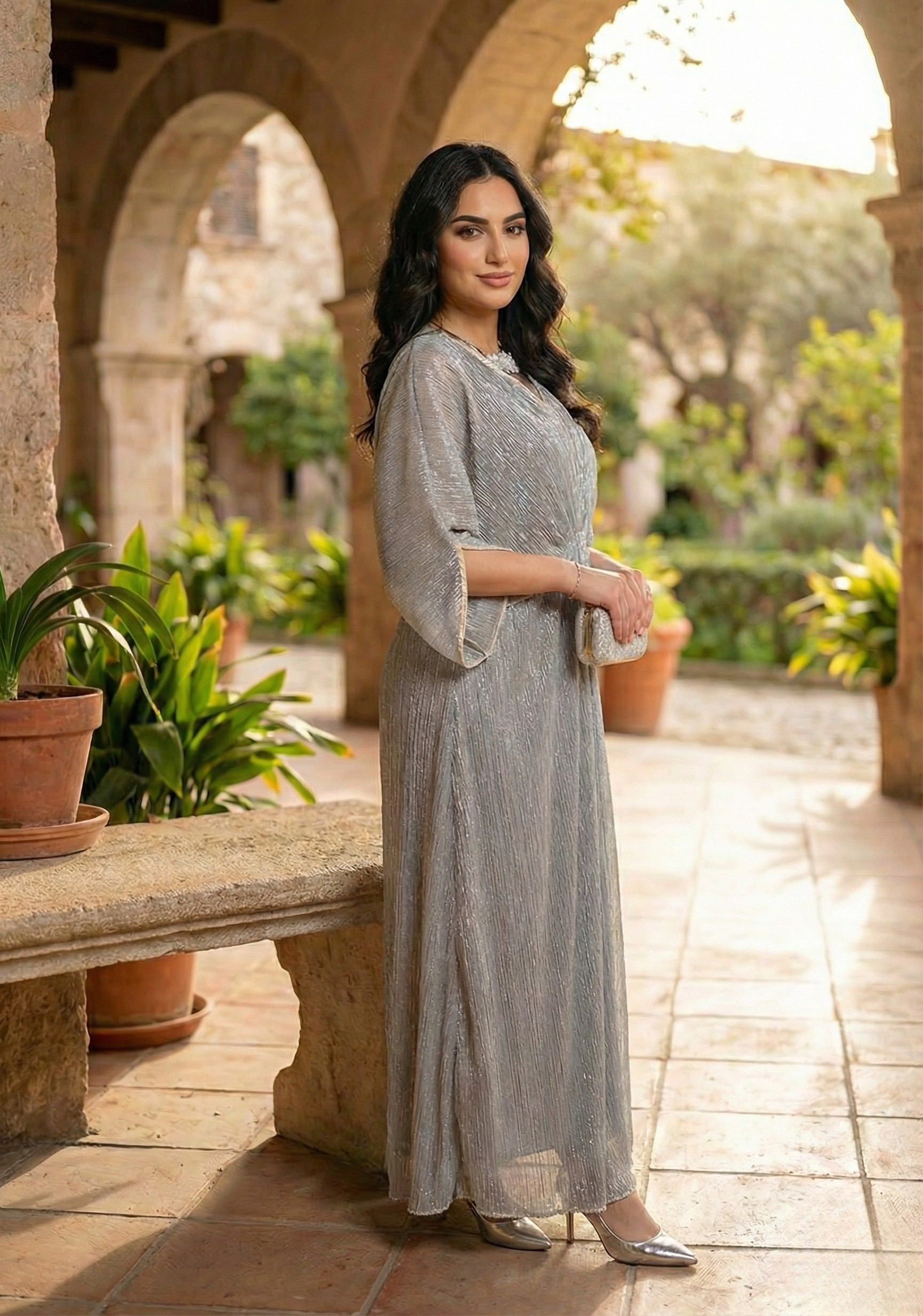 Embellished Maxi Dress – Luxury grey Kaftan-Style for Weddings Wear