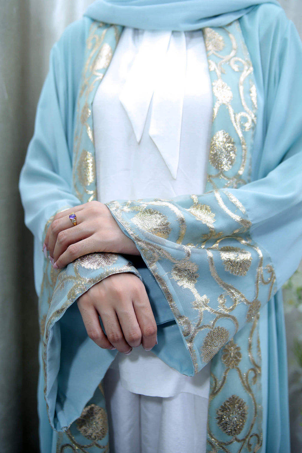 Sky Blue Open Abaya – Modest Wear with Golden Threadwork for Women
