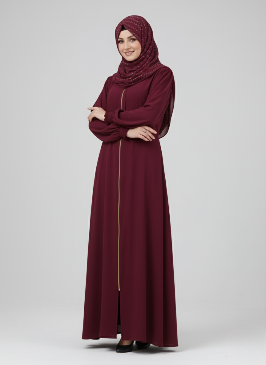 Maroon Open Abaya – Front Zip Design by Aydasumayah