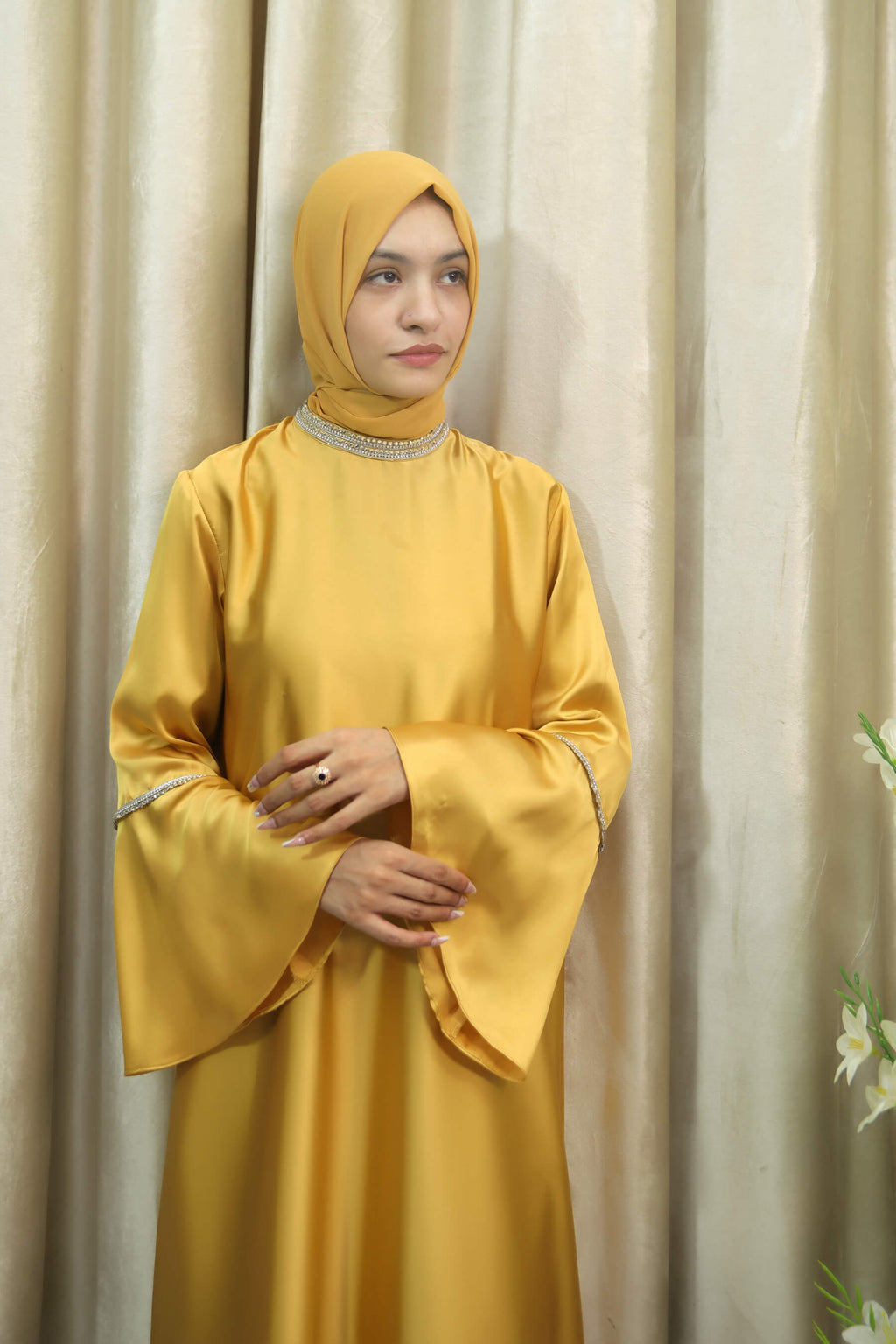 Golden Satin Abaya with Lace Trim on Neck & Sleeves – Modest Dress for Women
