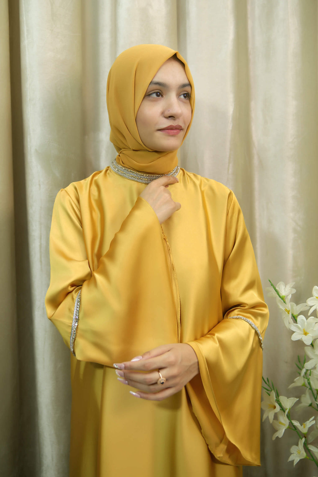 Golden Satin Abaya with Lace Trim on Neck & Sleeves – Modest Dress for Women