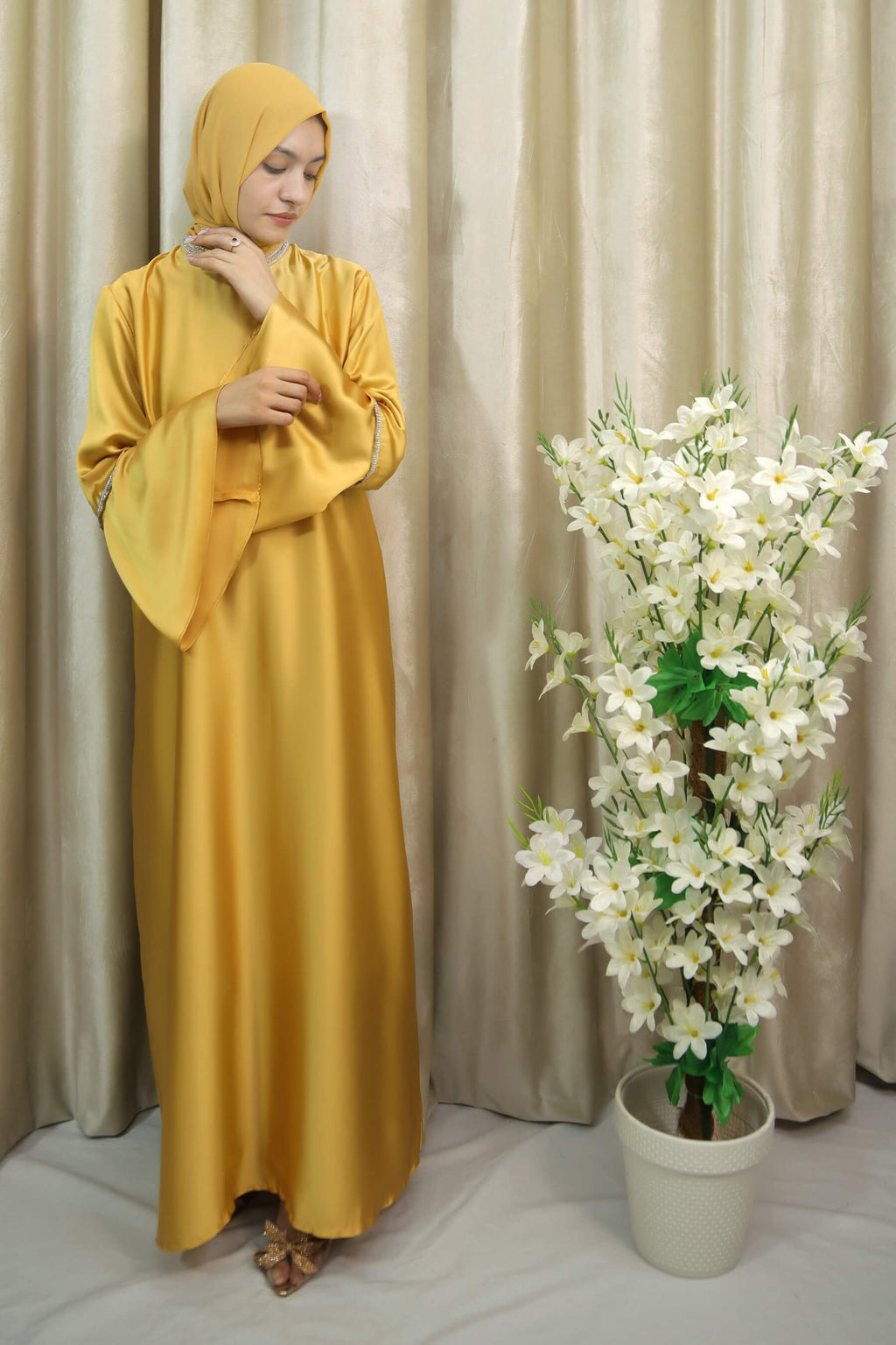 Golden Satin Abaya with Lace Trim on Neck & Sleeves – Modest Dress for Women