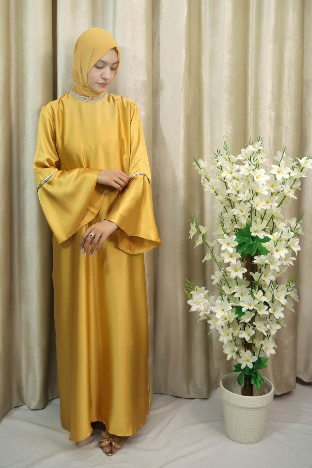 Golden Satin Abaya with Lace Trim on Neck & Sleeves – Modest Dress for Women