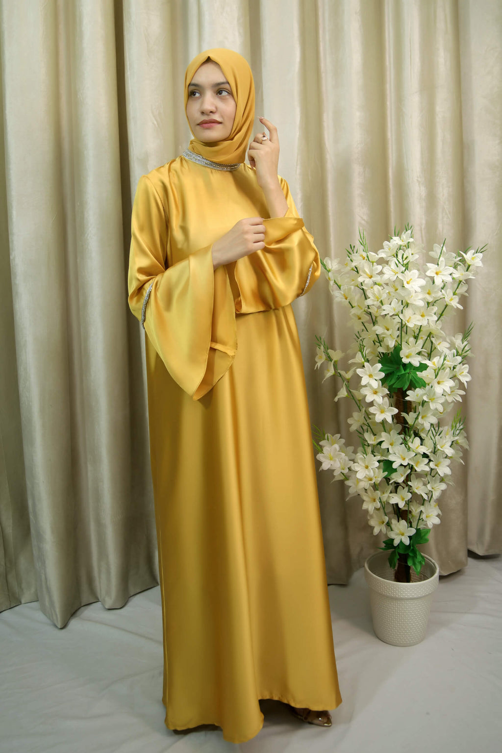 Golden Satin Abaya with Lace Trim on Neck & Sleeves – Modest Dress for Women