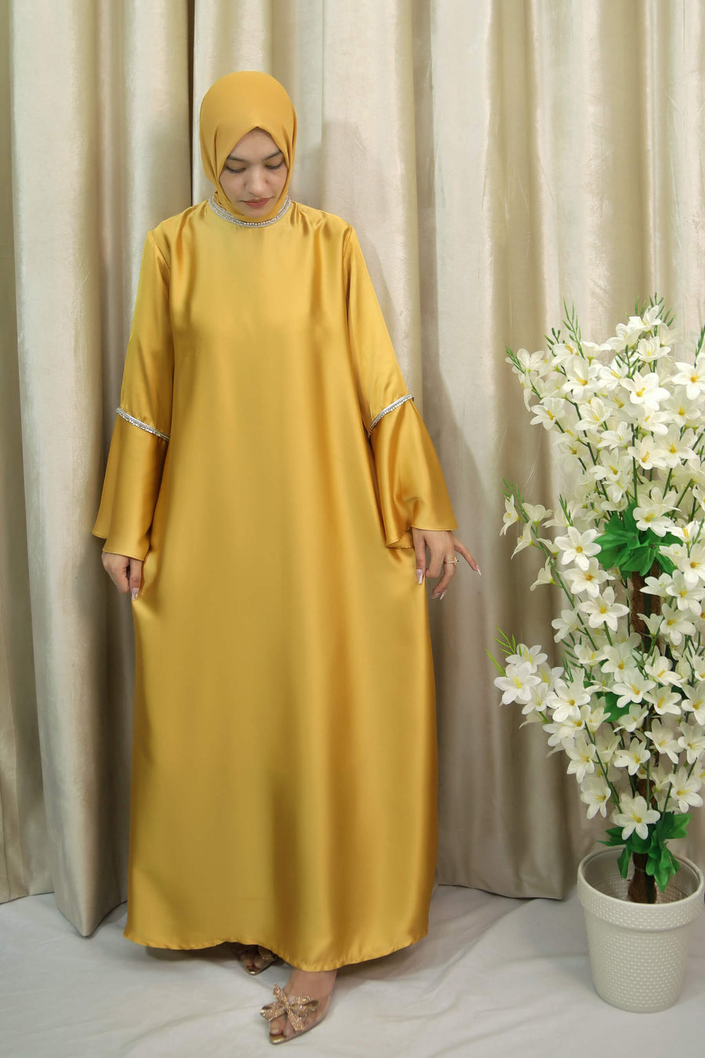 Golden Satin Abaya with Lace Trim on Neck & Sleeves – Modest Dress for Women