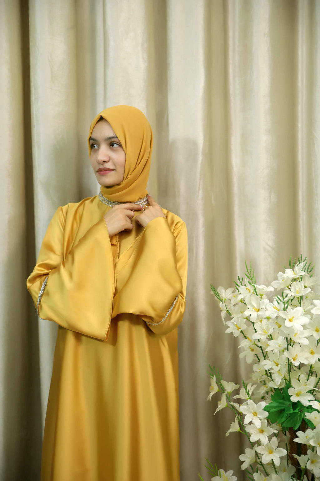 Golden Satin Abaya with Lace Trim on Neck & Sleeves – Modest Dress for Women